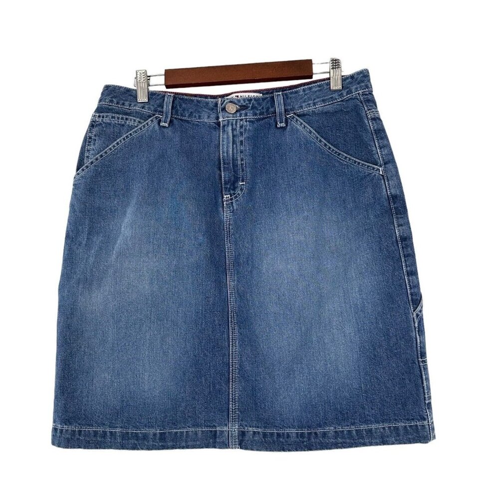 Tommy Hilfiger‎ Vtg Y2K Logo Cargo slit Denim Jean Skirt size 10 Carpenter Mini